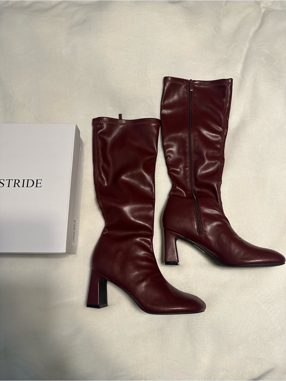 Stride Burgundy Mid-Calf Block Heel Women's Boots